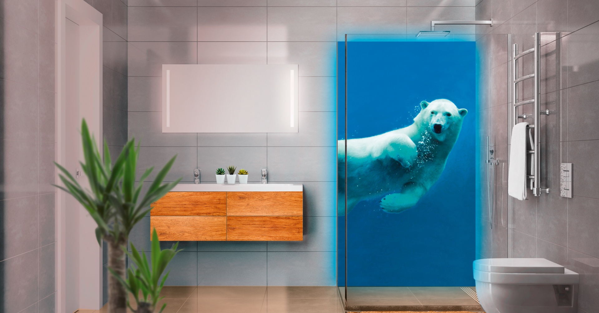 modernes Bad mit beleuchteter Duschrückwand (individuell gewähltes Eisbär-Bild), gläserner Duschwand, LED-Spiegel, Waschtisch, Handtuch-Heizung und Toilette