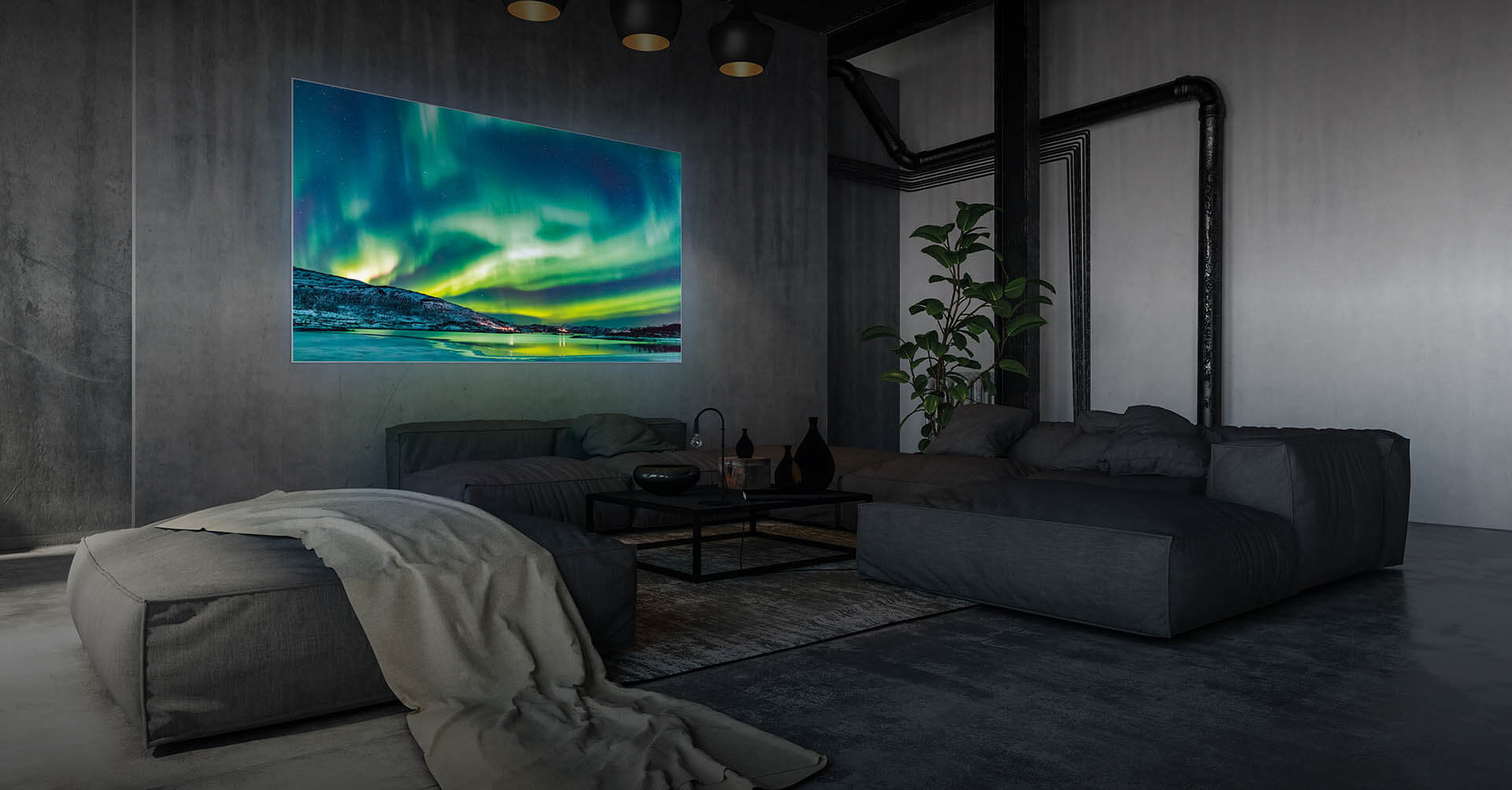 Livingroom with LED wall panel: The green glowing picture shows aurora borealis.