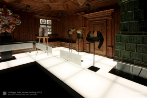 Goldegger Stube im Museum Salzburg: Die weiße LED-Fußbodenbeleuchtung wurde individuell in den Ausstellungsraum des Schlosses eingepasst.