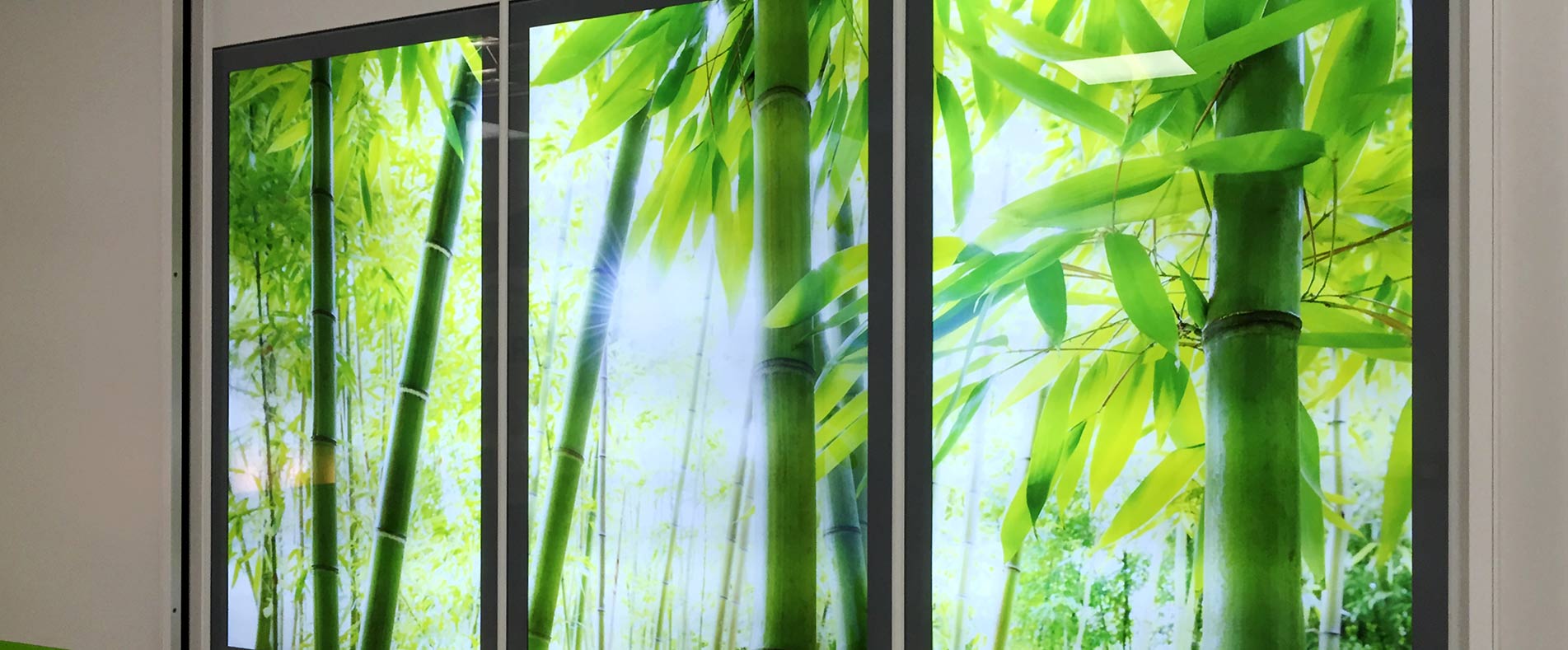 Fake window with bamboo motif in a hospital.